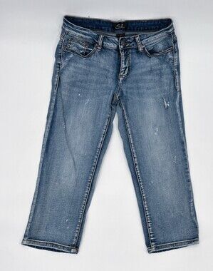 Earl Jeans Womens 6 petite Blue Denim Cropped Distressed Mid Rise